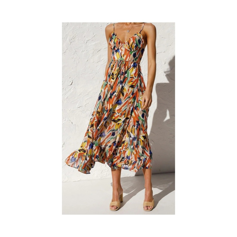 Multicolor Leaf-Print Spaghetti Strap Midi Dress